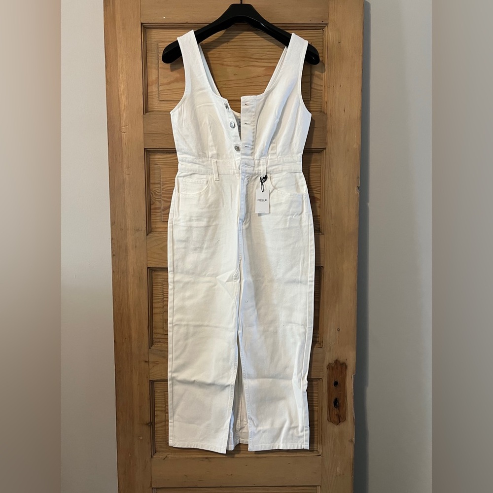 Forever 21 White Sleeveless Denim Button-Front Midi Dress